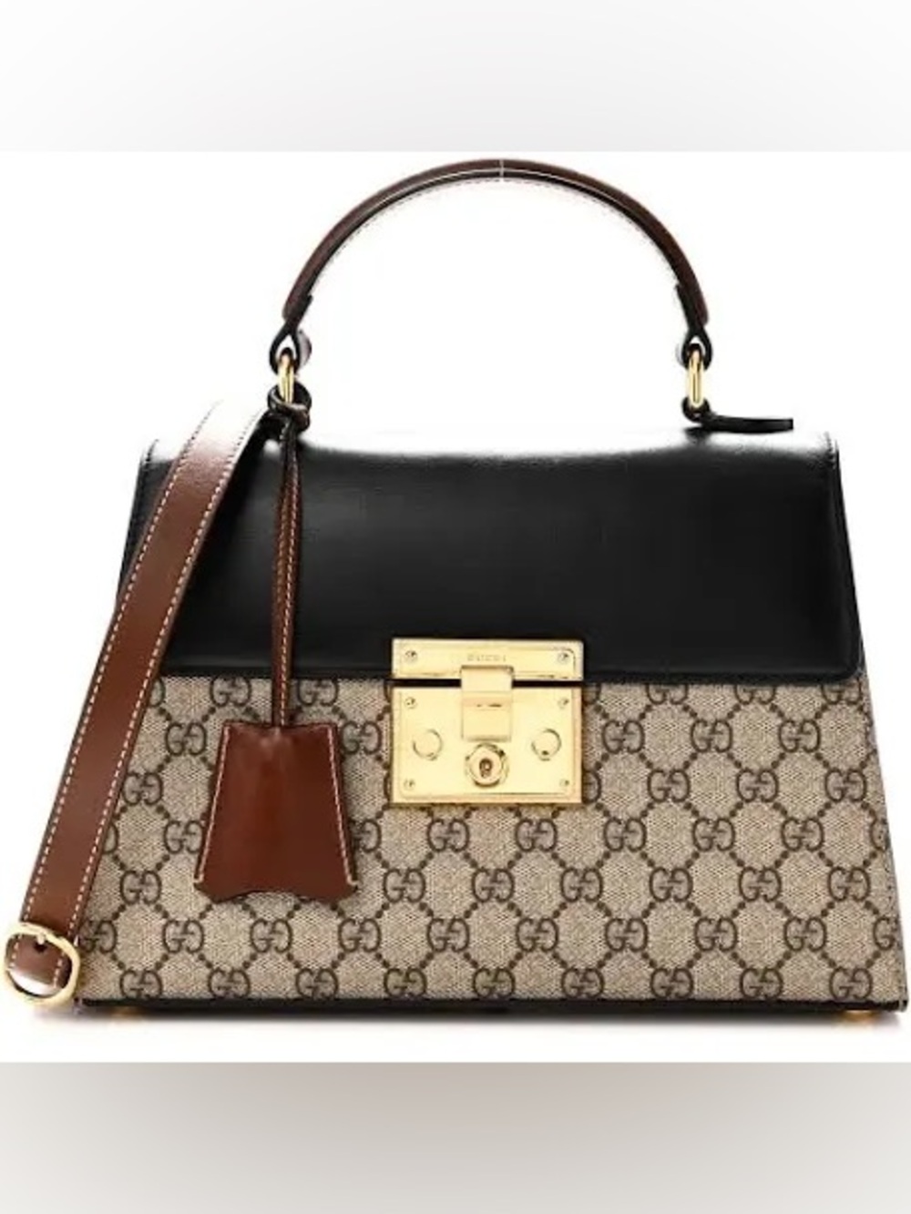 Gucci GG Supreme Monogram Calfskin Padlock Top-Handle Flap Bag Clochette 2 Keys